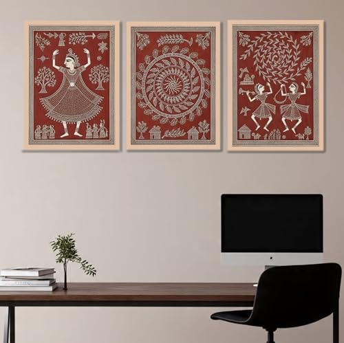 Image of ARAkri Warli Art Paintings, Red and Terracota color Wall Art set, Traditional Wall decor Ideas, Framed Art set of 3 (Art 4, 13 x17 inch)