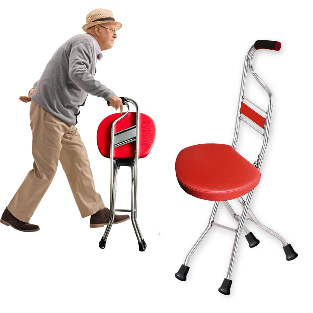 Walking Stick Cum Seat for Elders | Stick Chair Folding Durable & Comfortable Cane Stick Stool | Easy Carry Cane Chair Travel Hiking Hand Stick Cum Stool (Red)
