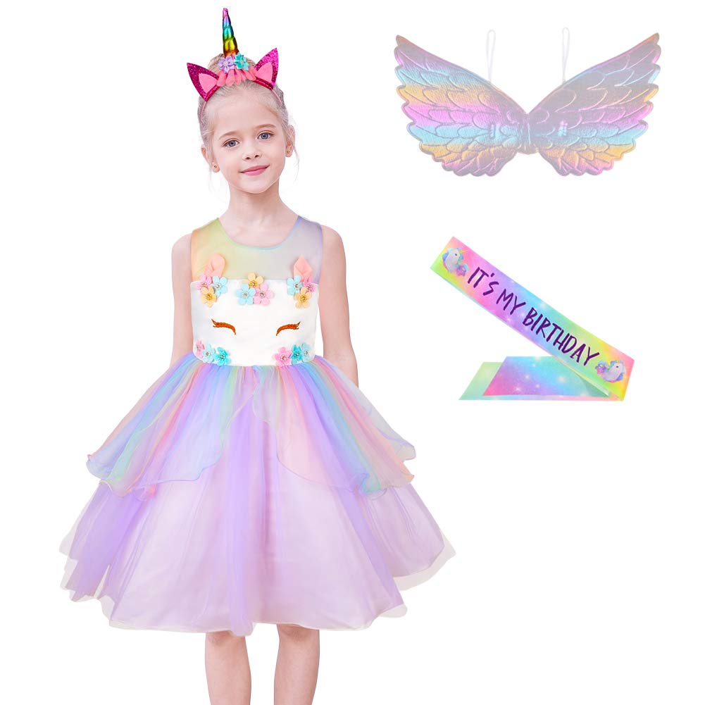MHJY Girls Unicorn Dress Birthday Party Dress Festival Unicorn Costume with Headband,Wings,Satin Sash