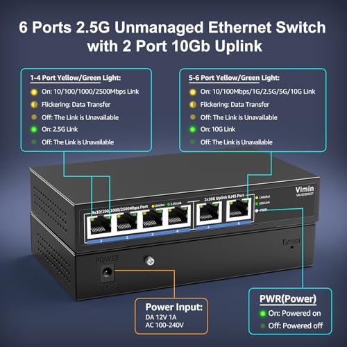 Image of 6-Port 10G /2.5G Ethernet Switch with Dual 10GBASE-T, Vimin 4X 2.5G +2 x 10Gb RJ45 Ports Unmanaged Switch, 60Gbps Capacity, 10G Switch Desktop /Wall Mount Network Switch for NAS, PC, Wireless AP