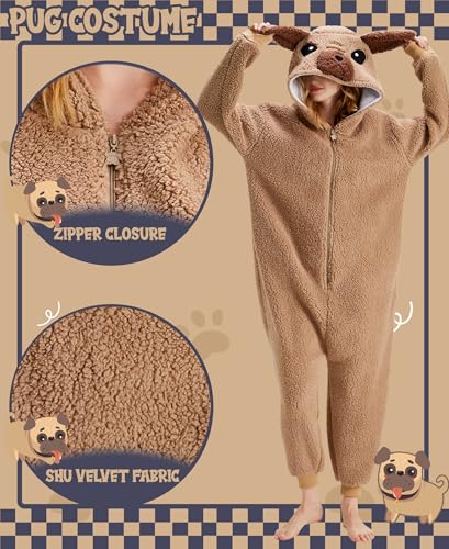 sazpajacos Mops Einteiliger Pyjamas Mops Kostüm Tier Nachtwäsche Cartoon Mops Onesie Frauen Männer Weihnachten Karneval Cosplay Kostüm, Hellbraun M