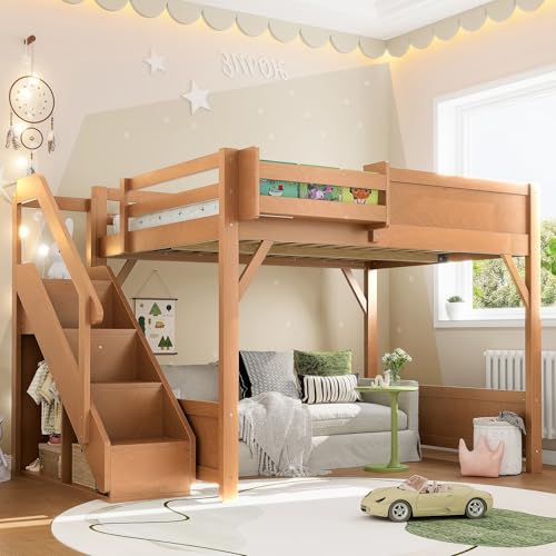 Image of KEIKI Solid Wood Full Size Loft Bed Frame with Stairs Built-in Wardrobe | Full Size Loft Bed with Storage Shelves, Full-length Guardrails, No Box Spring Needed for Bedroom, Dorm, Antique Natural