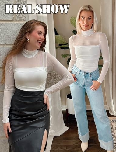 Image of Avidlove Women Long Sleeve Bodysuit Turtle Neck Shapewear Body Suits Mesh One Piece Leotard Shirt Going Out Tops Fall Outfits