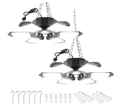 2PCS 185W Garage Lights, 6500K Garage Ceiling Lighting with 9.84ft Cord Plug, 18500LM Hanging Deformable LED Garage Lighting with 6 Adjustable Panels, for Garage, Basement, Shop, Workshop, Warehouse