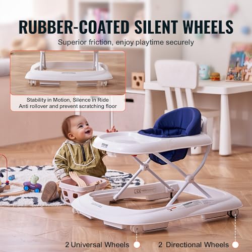 Image of VEVOR Baby Walker, Foldable Baby Walkers and Activity Center on Wheels, 3-Level Height Adjustable Toddler Infant Walker with Feeding Tray, Anti-Rollover Activity Walker Helper for Boy Girl 6-12 Months