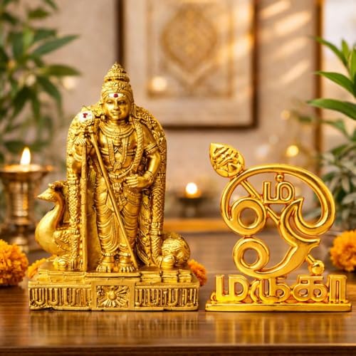 Image of Car Dashboard Lord Murugan Idol with Murugan Vel Combo (10 cm & 7 cm) | Karthikeya Subramanya Swamy Statue for Pooja Mandir & Home Temple (Muruga Statue with Om Murga Metal)