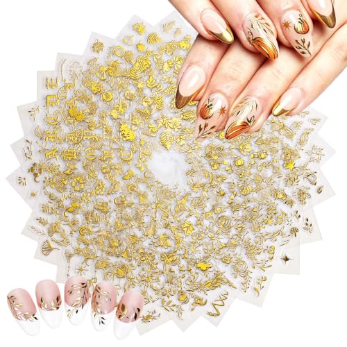 30 Sheets Fall Nail Art Stickers Gold Maple Leaf Nail Decals 3D Self-Adhesive Nails Supplies for Women Manicure Decorations
