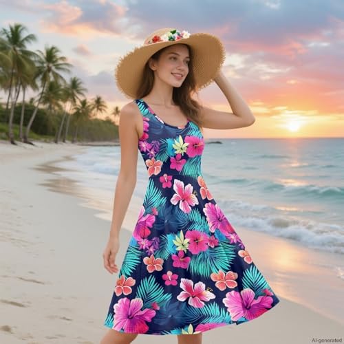 Image of TOADDITDO Women's Sleeveless O Neck Beach A-Line Party Coctail Tank Dresses Flared Sundress