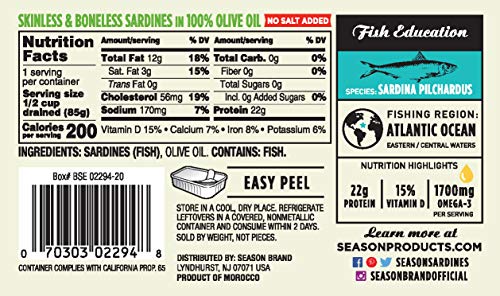 Image of Season Sardines in Olive Oil Skinless & Boneless, 4.37 Oz Tins, 6-Pack | No Salt Added, Wild Caught, 22g of Protein, Keto Snacks, More Omega 3's Than Tuna, Kosher, High in Calcium, Canned Sardines