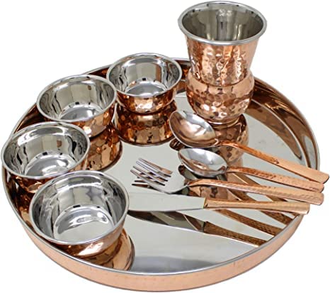 PR INTERNATIONAL Dinnerware Copper Traditional Dinner Set of Thali Plate, Bowls, Fork, Glass Spoon and Serving Spoon