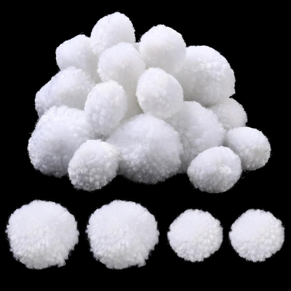 SUNNYCLUE 24Pcs 25mm/40mm White Pom Pom Balls Wool Pompom Balls Fluffy Soft Fuzzy Yarn Arts and Crafts Decor Findings for DIY Christmas Handmade Arts Projects Holiday Party Hanging Decorations