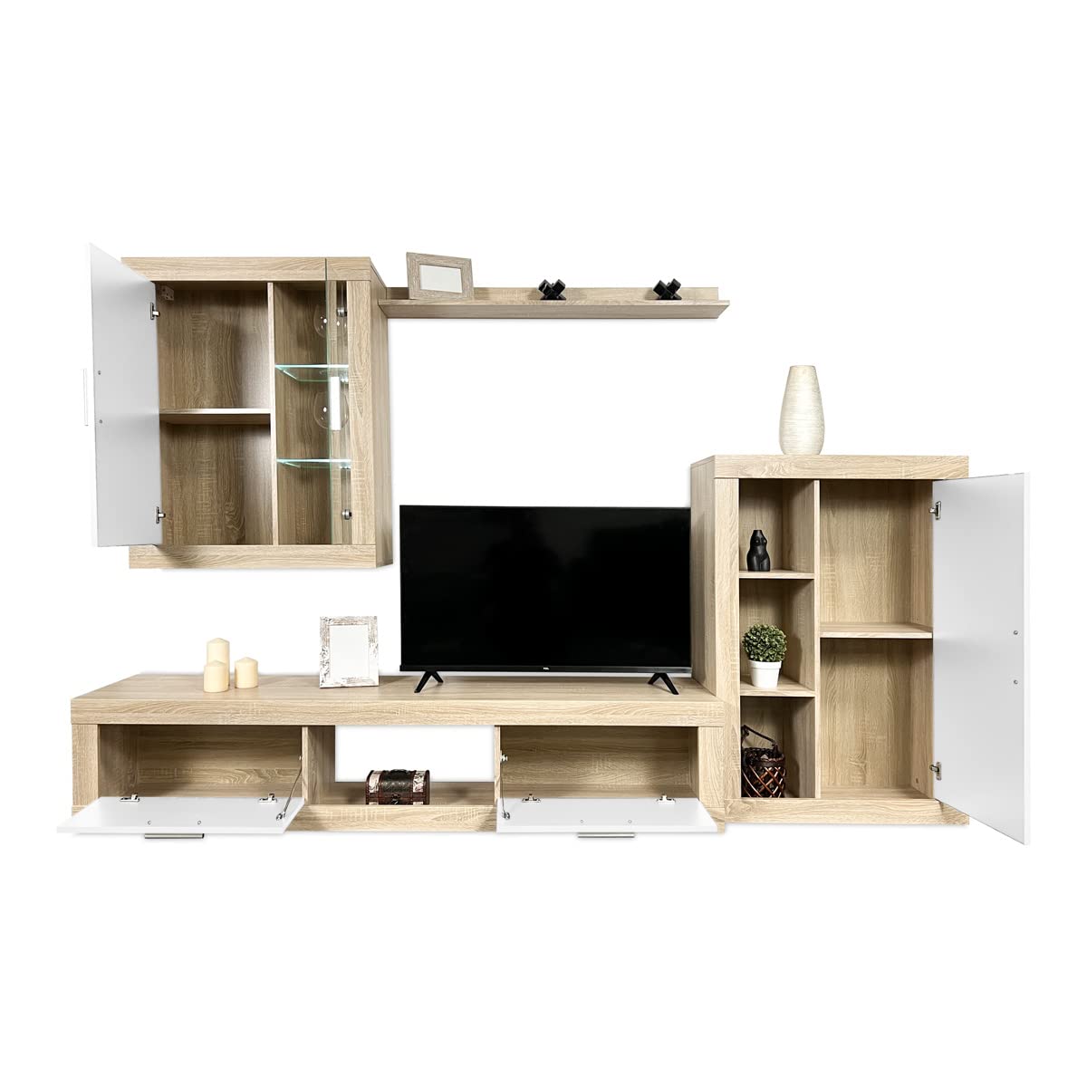 mattfy - Mueble de Salón Moderno con Leds, Módulos de Comedor, Modelo Gitta, Acabado en Blanco y Cambria, Medidas: 259 cm (Ancho) x 132,5 cm (Alto) 40 cm (Fondo)