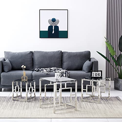 JaHECOME Juego de 3 mesas nido para salón, de acero inoxidable y cristal templado, mesa de sofá de acero inoxidable (juego de 3) Cover