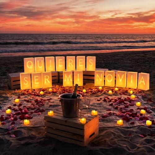 Image of Romantic Room Decor - Quieres Ser Mi Novia Light Up Letters Luminaries Bags | Anniversary and Valentines Day Decorations | Proposal Decorations | 2000Pc Rose Petals and 30Pc Tea Candles Set | Easy Setup