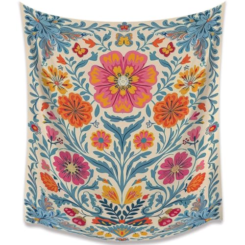 Heltrappe Vintage Blue Mexican Flower Tapestry Wall Hanging Tropical Eclectic Floral Colorful Boho Botanical Tapestry for Farmhouse Kitchen Gallery Wall Decor 30x40inch
