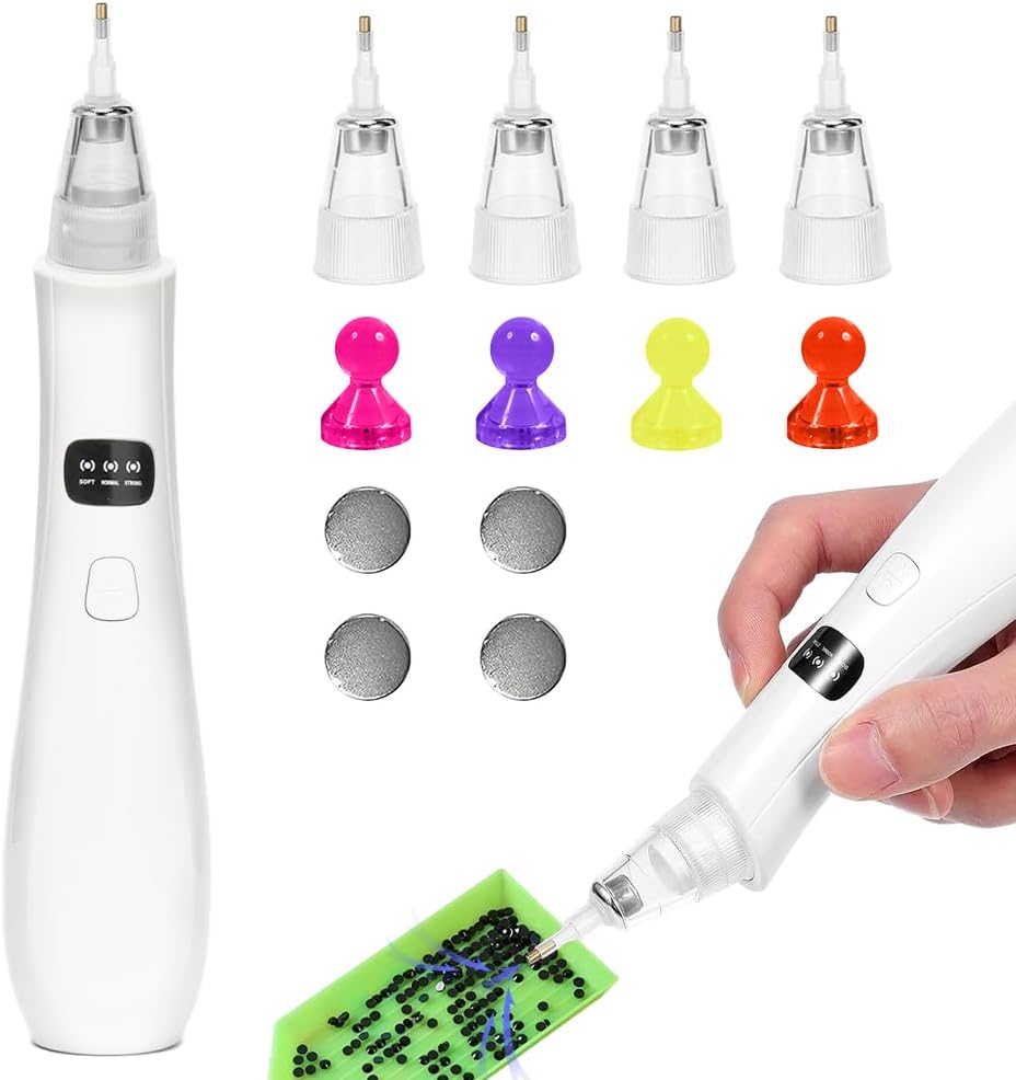 Tiiyee Electric Diamond Painting Pen, Cordless Diamond Art Vacuum Pen E Painter No Wax Needed Rechargeable 3 Adjustable Suction with 4 Replacement Tips Desktop Magnet for DIY Women Girls Gift