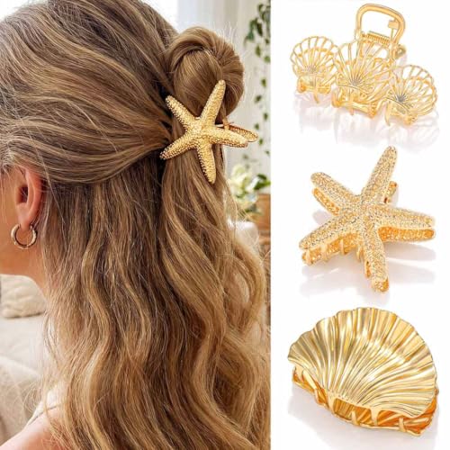 Fashey Starfish Claw Clips Gold Metal Hair Clips Seashell Hair Claw Clips Mermaid Hair Accessories for Women (Gold)