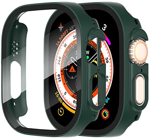 Diruite 2-Pack Screen Protector for Apple Watch Ultra 3/2/1 49mm Tempered Glass Case,All Around Hard Matte PC Protective Cover,Green,49mm