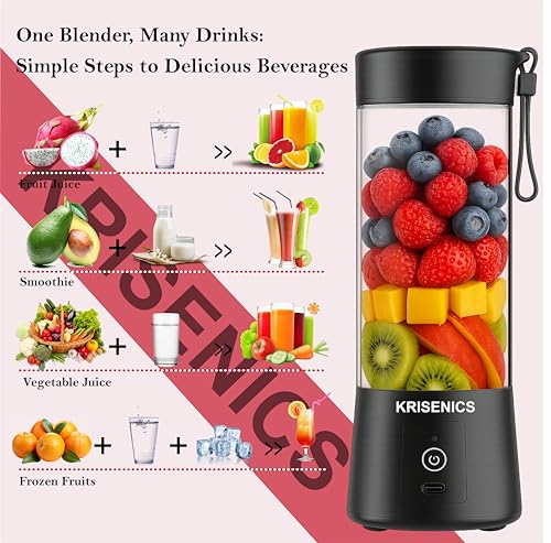 Image of Portable 6-Blade Juicer Blender with built-in Jar, Juicer Mixer Bottle,Fruit Juice Machine,USB Rechargeable Personal Size Grinder for Juices, appliance for Protein&Milk Shakes (Black, 380ml)