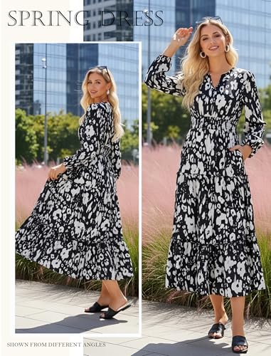 Image of GRACE KARIN Women's Floral Maxi Dress 2026 Fall Long Sleeve V Neck Empire Waist A Line Flowy Dress with Pocket