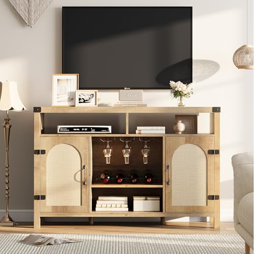 Farmhouse 59" Sideboard Buffet Cabinets with Wine Rack,Modern Coffee Bar Cabinet for Home Liquor, Kitchen Storage Cupboard with Door, Sideboard for Dining Room, Living Room,Restaurant,Wood Color