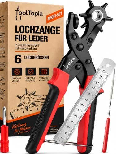 Lochzange für Leder [KOMPLETTSET], Locheisen | Lochstanzer Leder Werkzeug | Lochzange Papier, Gürtel Locher, Lochstanze für Stoff + Biothane + Kunstleder etc., Hole Puncher mit Komforthebel, Profi Set
