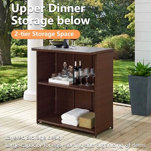 PayLessHere Rattan Bar Set 3Pcs Patio Wicker Bistro Set Sturdy Frame Bar Height Table with Glass Table Top Storage Shelves 2 Bar Stools for Patio Poolside Porch Outdoor Indoor (Khaki) - Image 3