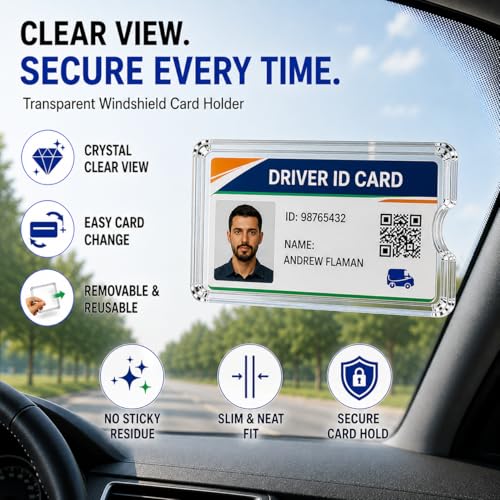 Image of AutoKraftZ Removable ID Card Holder for Car Windshield Set of 2 - Transparent Tag Holder for Car Glass | Non-Sticky Ticket & Parking Pass Holder