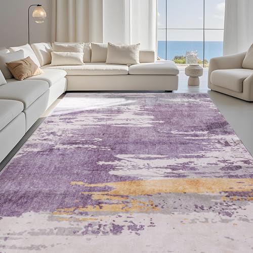 Carvapet 10x13 Rugs for Living Room Bedroom, Washable Purple Abstract Large Carpet, Low Pile, Non Slip, Foldable, Soft Area Rug with Rubber Backing (10 x 13 Feet, Lavender)