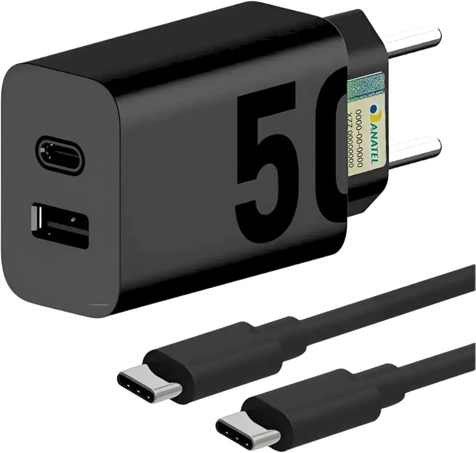 Carregador Super Turbo 50W Ultra Rápido, Com entrada Dupla Type C + USB Com Carregamento Extra Power Fast, Acompanha Cabo C/C, Compatível Com Todos Aparelhos Tipo C. (SMART FAST)