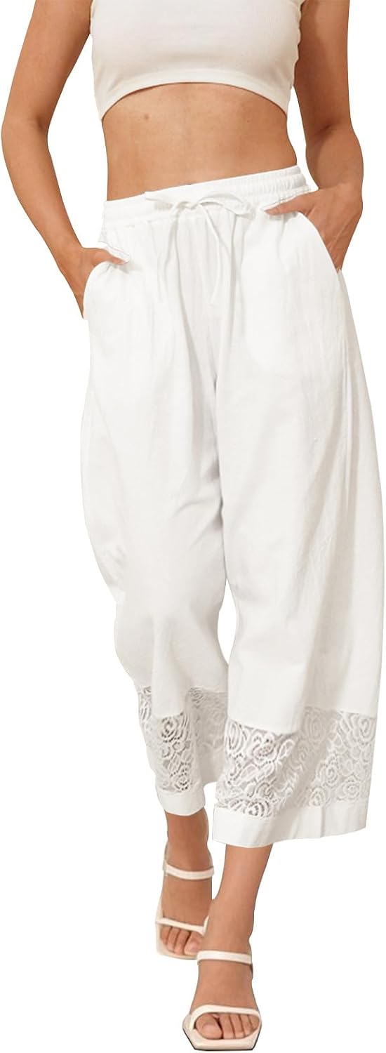 Fancysters Womens Linen Capri Pants Wide Leg High Waisted Palazzo Flowy Casual Loose Beach Summer Pants with Pockets