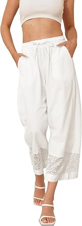 Fancysters Womens Linen Capri Pants Wide Leg High Waisted Palazzo Flowy Casual Loose Beach Summer Pants with Pockets