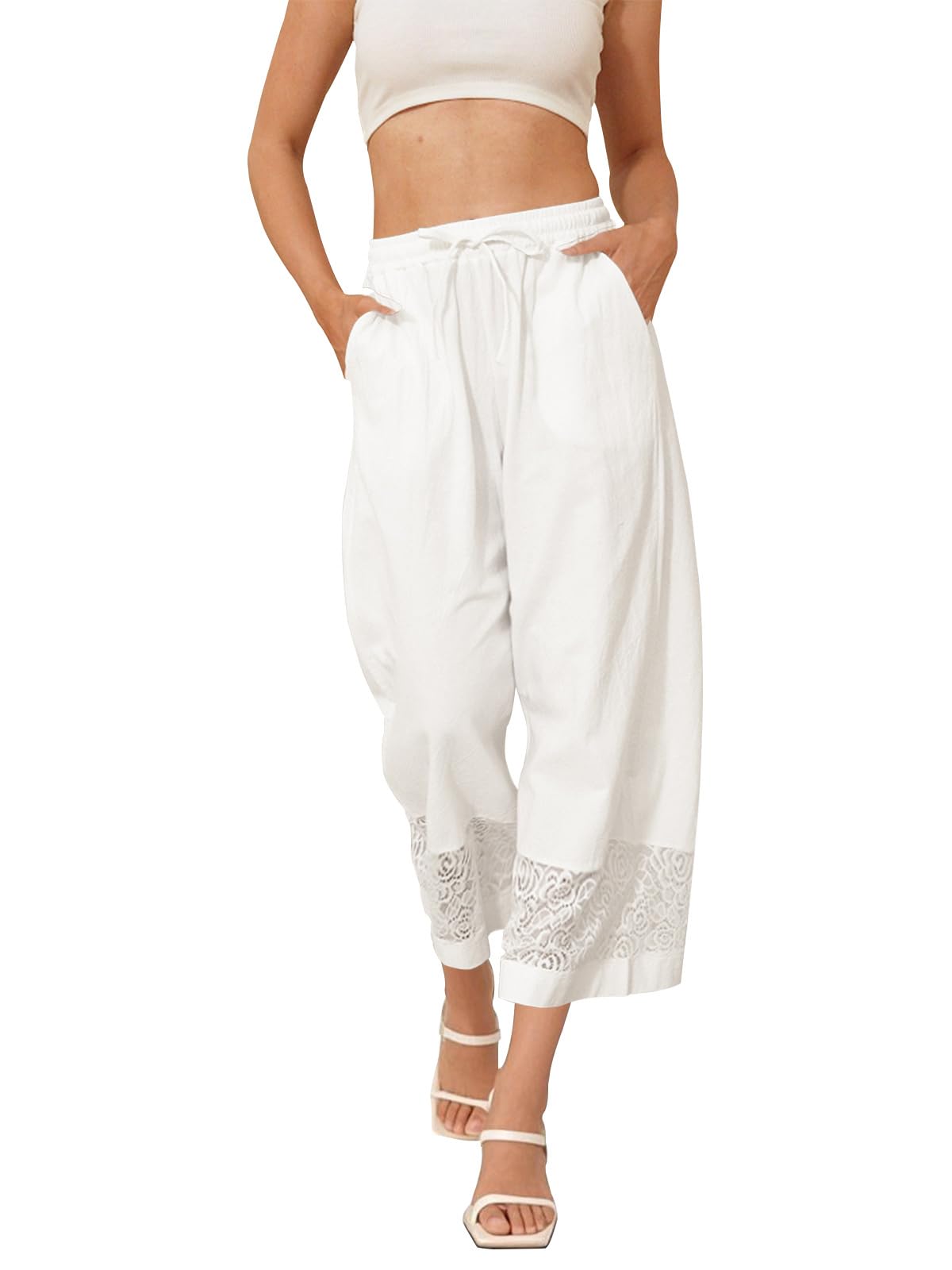 Fancysters Womens Linen Capri Pants Wide Leg High Waisted Palazzo Flowy Casual Loose Beach Summer Pants with Pockets