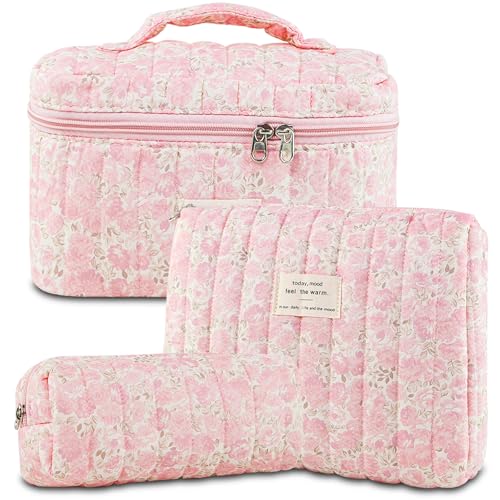 3Pcs Makeup Bag Cotton Quilted Travel Cosmetic Bag Cute Floral Makeup Pouch Large Toiletry Bag for Women Girls (Flowers-Pink3)