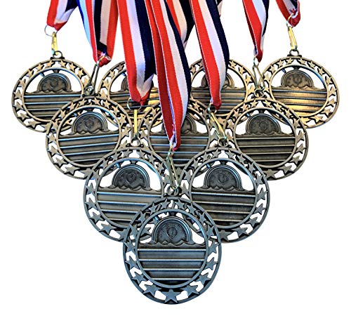 Express Medals 10 Pack of 2.5 Inch Die Cast Metal 2nd Place Swimming Award Medallions with Antique Silver Finish and Red White & Blue Neck Ribbons