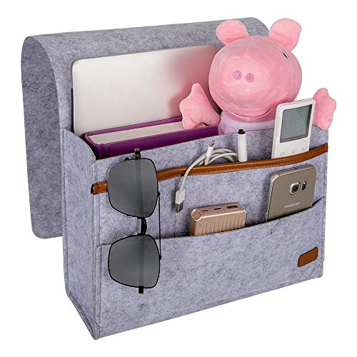 EXECCZO Bedside Caddy for Dorm College Room Bunk Bed, Bed Caddy Storage Organizer Home Sofa Desk Felt Bedside Pocket for Organizing Tablet Pad Magazine Books Phone Chargers Cable(Light Grey)