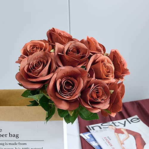 Helera 12pcs Rust Orange Rose Artificial Flowers Faux Roses Silk Roses Orange Silk Flowers with Long Stems for Wedding Baby Shower Home Decor Party Centerpieces Table Decorations