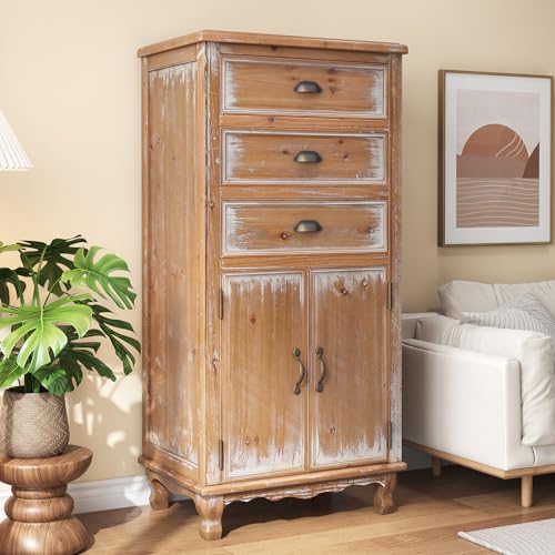Image of Rustic Tall Storage Cabinet - Distressed Solid Wood Frame Accent Cabinet with Textured Drawer Fronts, 3 Drawers & 2 Doors, Farmhouse Freestanding Floor Cabinet for Entryway, Living Room, Hallway