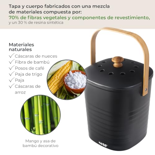 Miniatura 4 de Hmf Cubo De Basura Ecológico Sostenible Para Cocina, Inodoro Con Tapa, 3 Litros, Color Negro