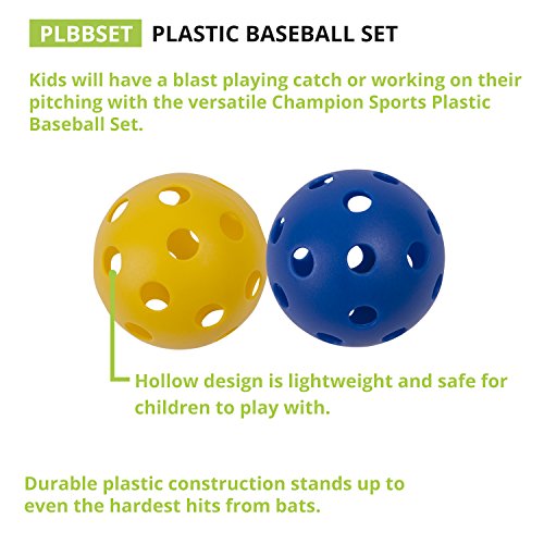 Champion Sports 9" Hollow Plastic Assorted Color Baseball Set - Athletic Baseball Equipment - Practice Baseballs Plastic Hollow - Regulation Size Balls -Fun For All Ages- Lightweight/Durable -Set Of 6 #TOP2