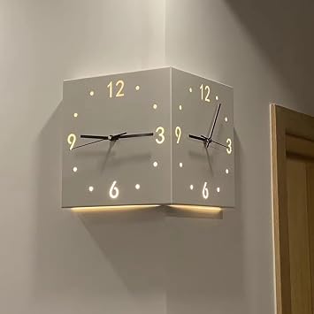 Corner Wall Clock, Metal Double Sided Wall Clocks with Light, Smart Sensor Silent Wall Clock for Living Room/Bedroom/Kitchen, 10 * 10 inch,White