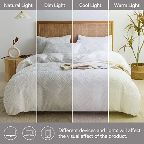 Jellymoni Ultra-Soft Microfiber 3Pcs Tufted Duvet Cover Set, White Boho Textured Bedding Cover Jacquard Rhombus Geometric Pattern Reversible Comforter Cover With Zipper Closure & Corner Ties (Full) #TOP6