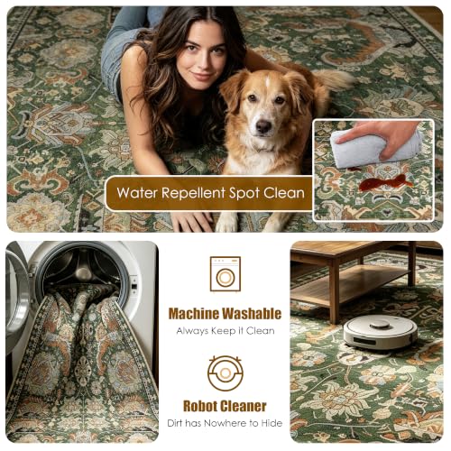 Image of RUGSURE Washable Area Rugs - Perfect for Living Room, Bedroom, Kids Room, Nursery - Stain & Water Resistant Non-Slip, Pet & Child Friendly, Vintage Tribal Area Rugs (Green, 5' x 7')