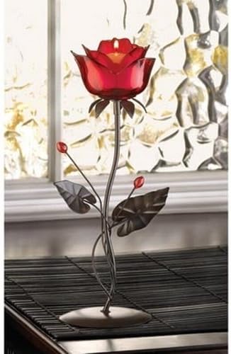 Seller photo: Gifts & Decor Home Locomotion 10013920 Romantic Rose Votive Holder, 5" x 4.12" x 12.5", Red and Black