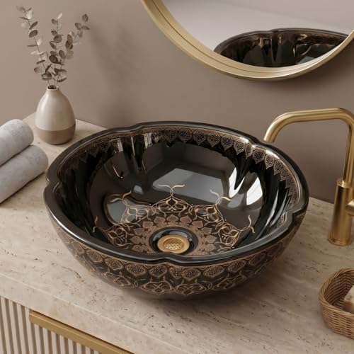 Image of BASSINO 16.5x16.5x5 Inches Moroccan Ceramic Table Top Wash Basin /Glossy Black Designer Bowl Sink for Bathroom /Vanity Sink /Handcrafted Flower Shape Countertop Washbasin for Office /Hotel(Glossy)