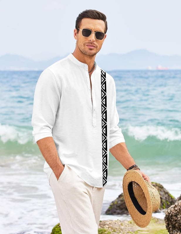 Image of FINIVO FASHION Men's Short Kurta with Printed Geometric Side Panel | Cotton Blend Full Sleeve Ethnic Topwear with Mandarin Collar | Stylish Indo-Fusion Kurta for Daily, Festive, or Casual Wear