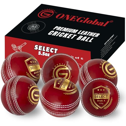 ONEGlobal Select Leather Cricket Ball for Match Practice & Training | Senior 5.5oz & Junior 4.75oz Genuine Leather Hard Cricket Balls in Red White Pink or Red&White (6-RED Senior)