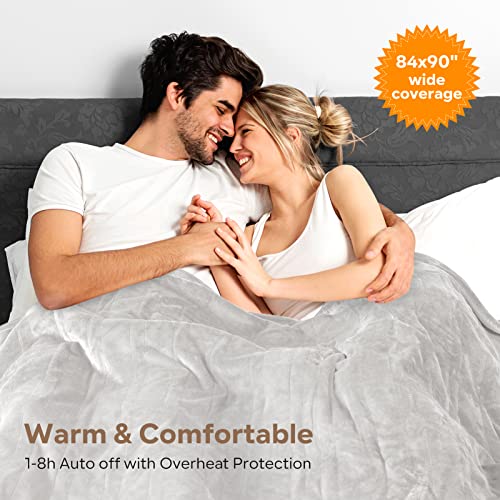 Electric Heated Blanket Throw Queen Size 84" X 90" | 6 Heating Levels & 8H Auto Timer | Full Body Fast Heating And Ultra Soft Flannel, Machine Washable Bed Sofa Home Office Use, Light Grey #TOP3