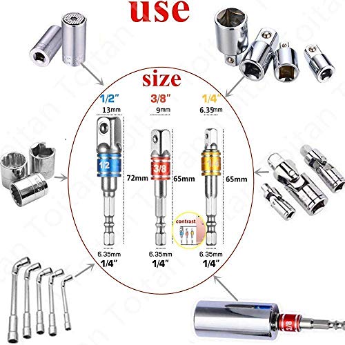 3/8 Driver For Drill,Power Nut Driver Set,1/2 Impact Sockets,Hex Impact Bits,1/2 Driver Socket Set,Right Angle Screwdriver Set Drill Socket+1/4