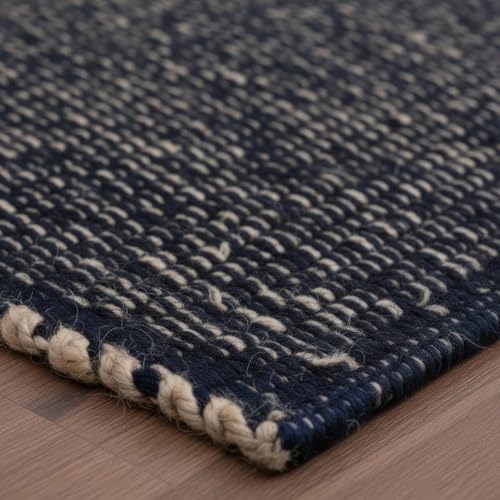 Navy 8x10 Jute Rug Braided Construction - Farmhouse Woven Carpet - Nautical Floor Covering for Bedroom Living Room, 8' x 10'